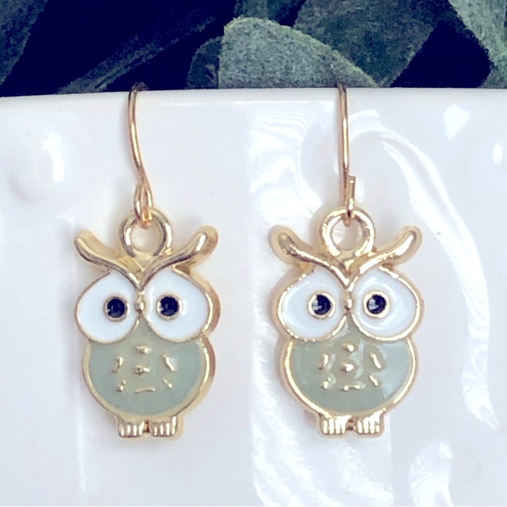 New Owl Dangling Hand Crafted Earrings Bird Animal Wise Teacher Pastel Grey Gift